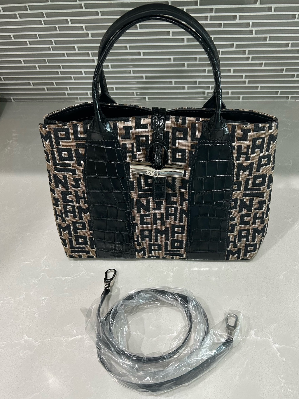 Longchamp Black And Brown Monogram Satchel With Croc Trim